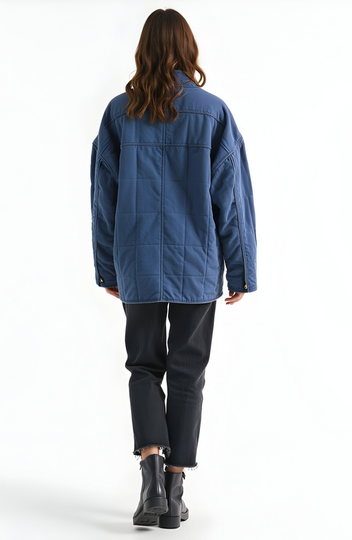 Modenaire Quilted Zip-up Jacket With Stand Collar And Square Stitch In Blue