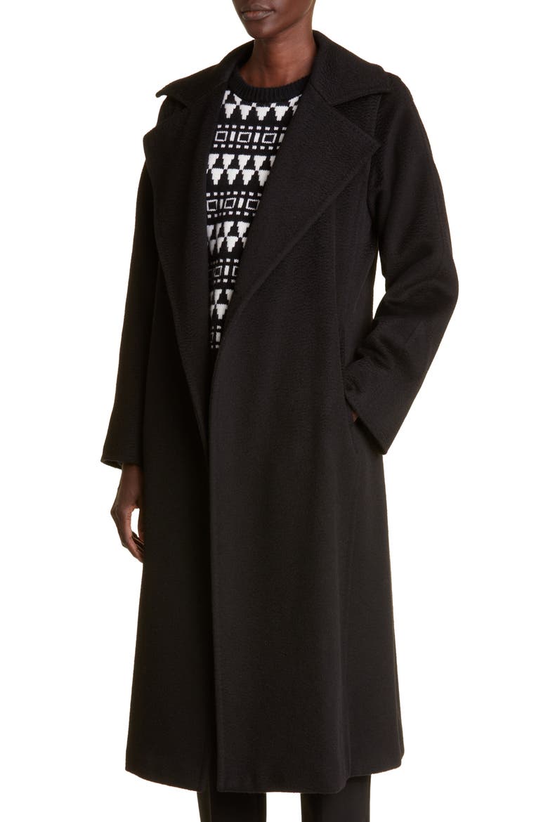 Manuela Camel Hair Wrap Coat, Alternate, color, BLACK