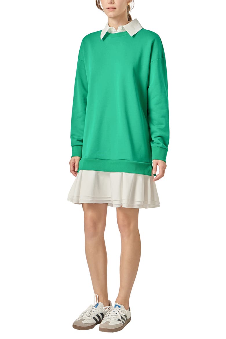 Long Sleeve Mixed Media Sweatshirt Minidress, Alternate, color, KELLY GREEN