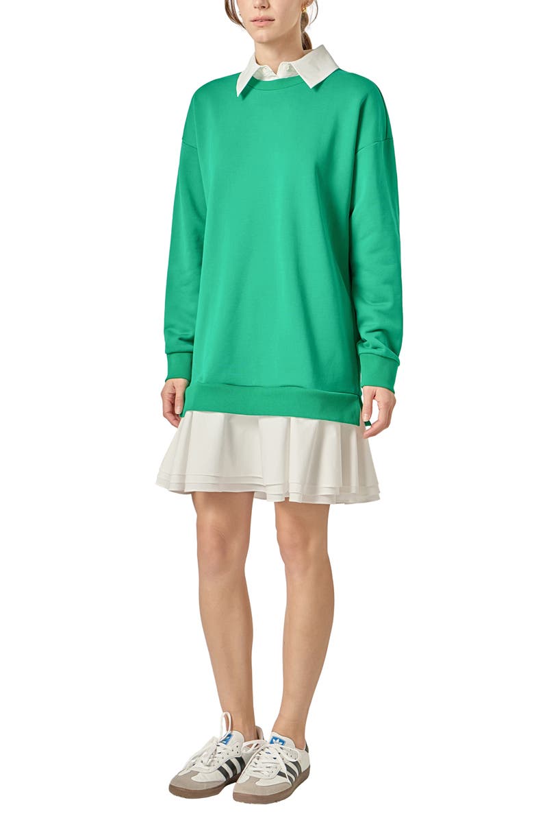 English Factory Long Sleeve Mixed Media Sweatshirt Minidress, Alternate, color, Kelly Green