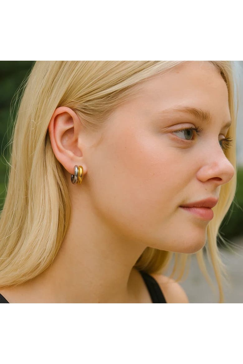 Fusion Glow Mixed Metal Two Tone Huggie Earrings, Alternate, color, Gold/ Silver