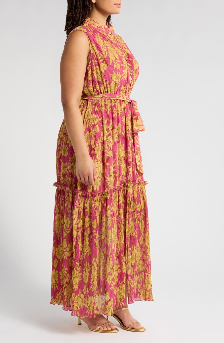 MELLODAY Floral Plissé Maxi Dress, Alternate, color, Magenta Gold Print