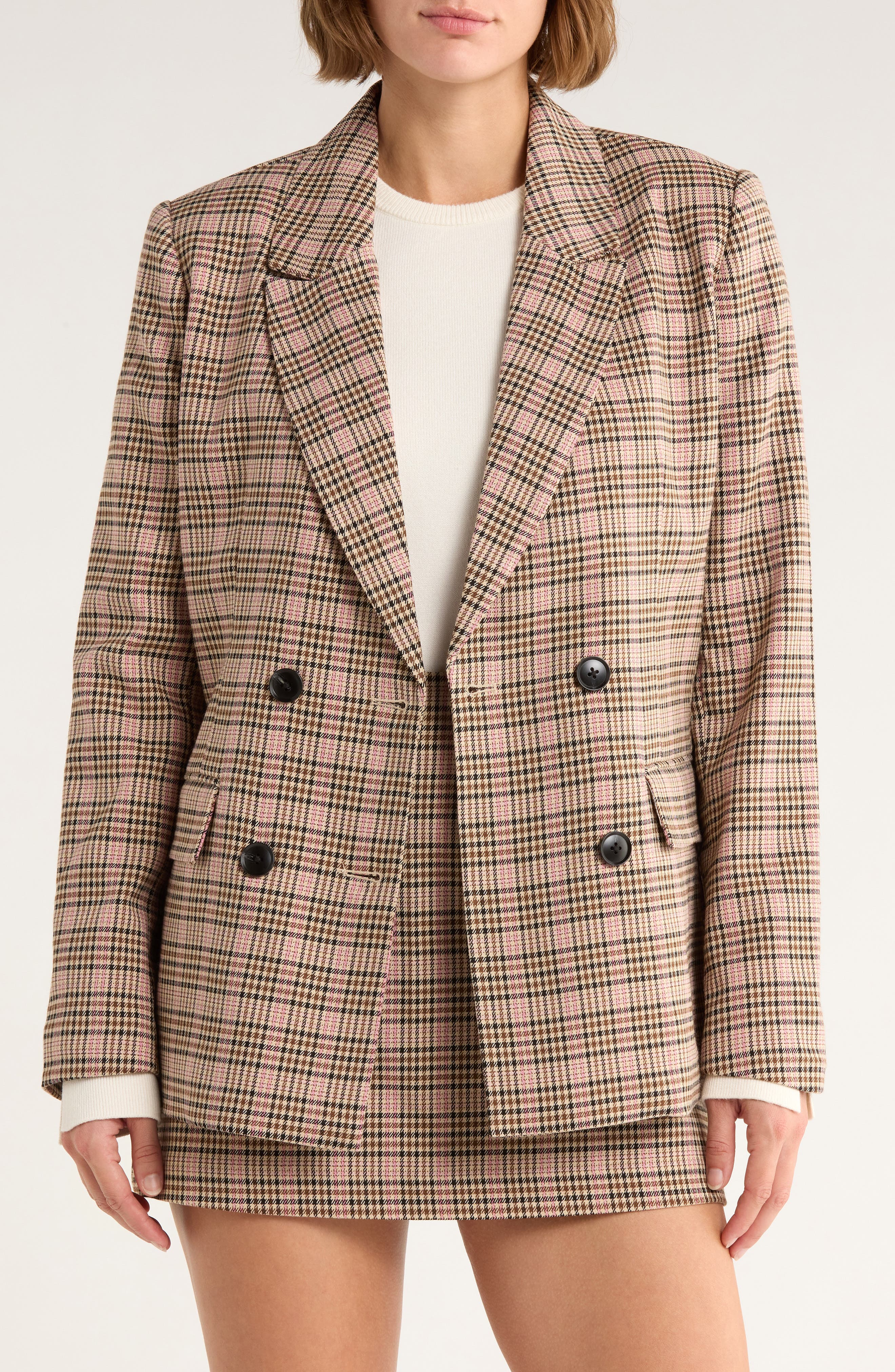French Connection Plaid Double Breasted Blazer