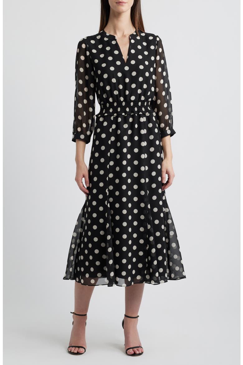 Polka Dot Smocked Waist Midi Dress, Main, color, ANNE BLACK/ ANNE WHITE (6NT)