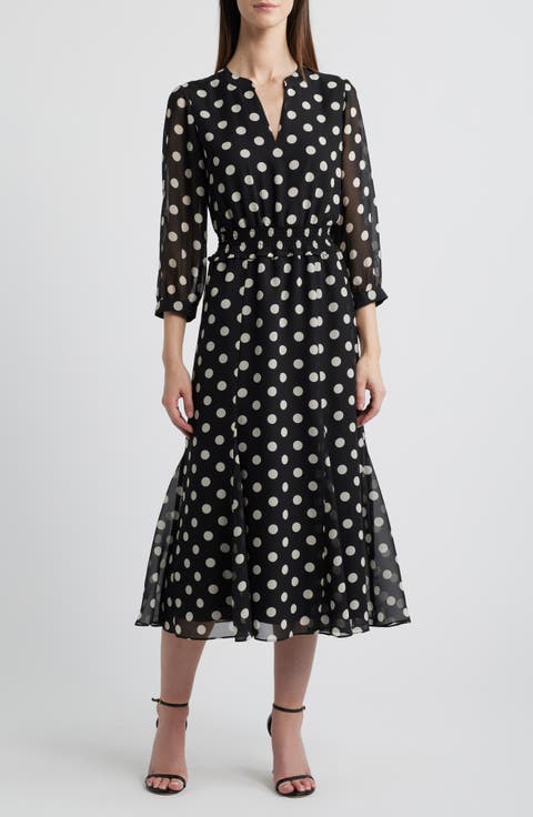 Polka Dot Smocked Waist Midi Dress