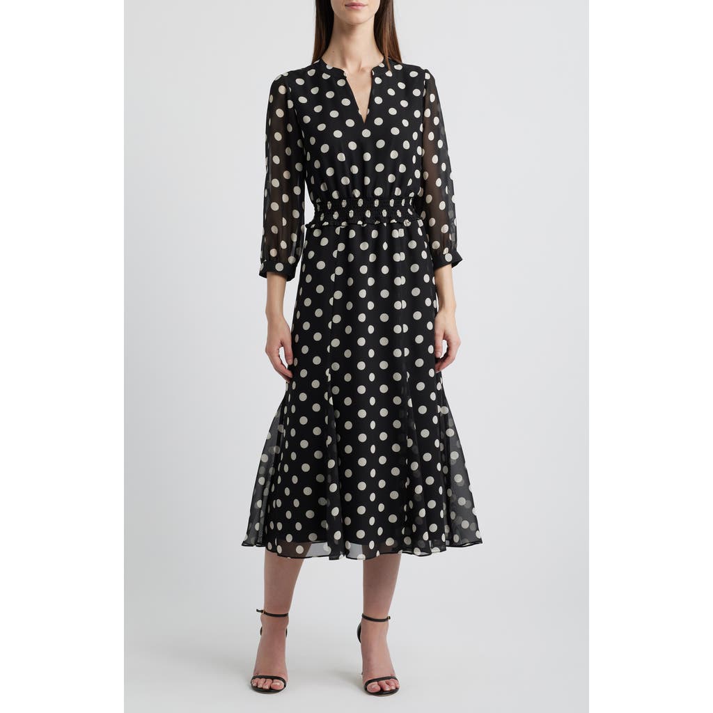 Anne Klein Polka Dot Smocked Waist Midi Dress