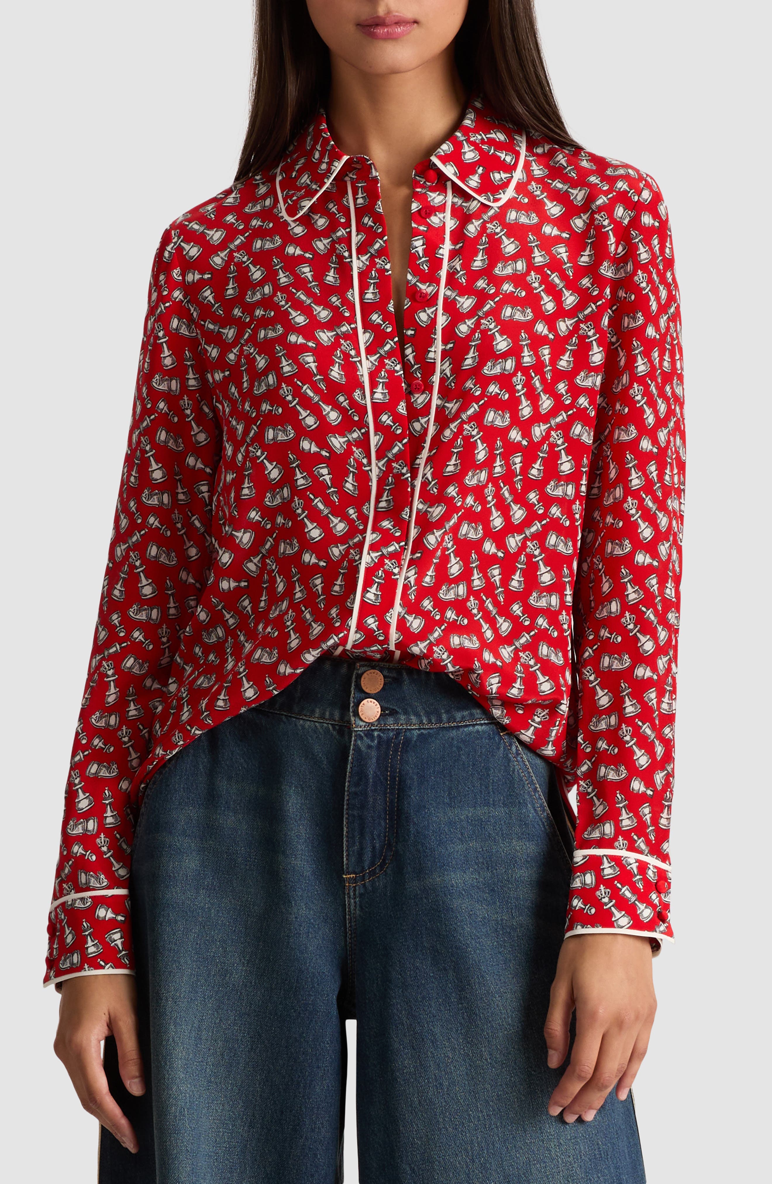 Alice + Olivia Willa Chess Piece Print Silk Button-Up Shirt