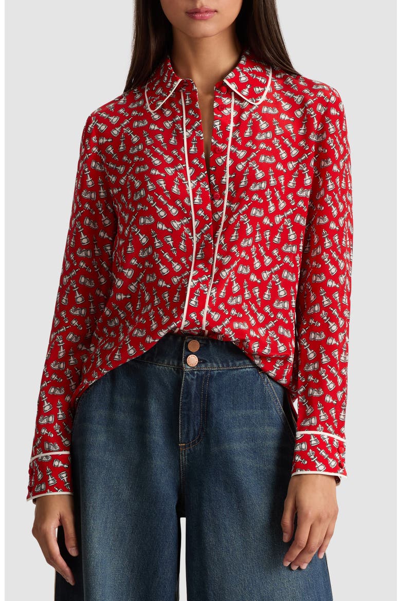 Willa Chess Piece Print Silk Button-Up Shirt, Main, color, QUEENING