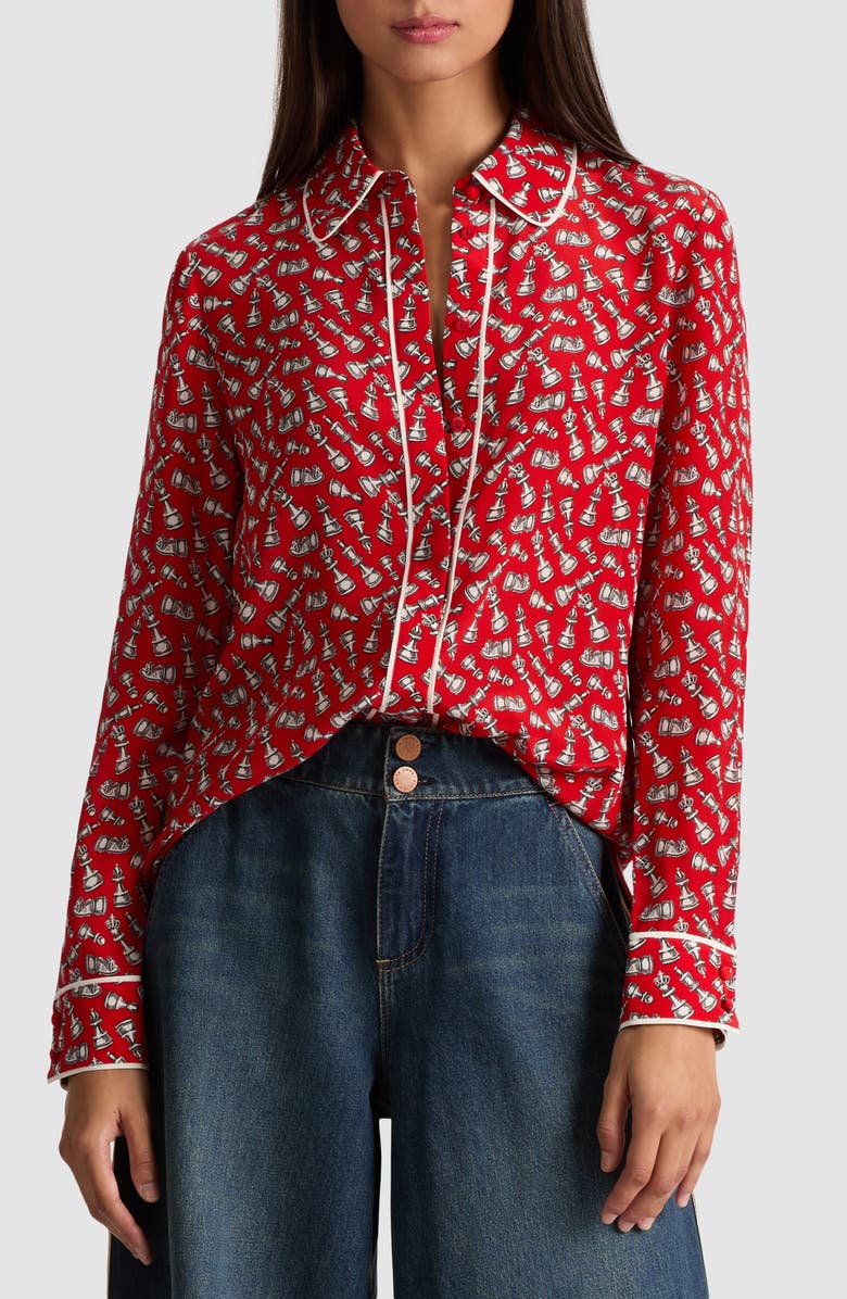Alice + Olivia Willa Chess Piece Print Silk Button-Up Shirt, Main, color, Queening