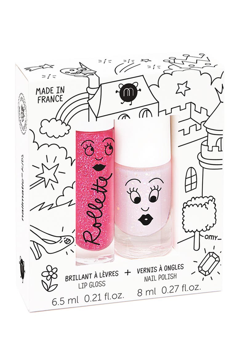 Kids' Polly Glitter Nail Polish & Rollette Lip Gloss Set, Main, color, PINK MULTI