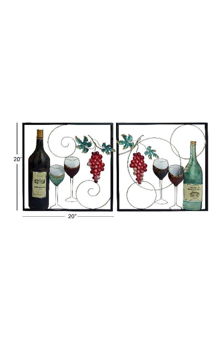 WILLOW ROW Traditional Framed Wine Bottle & Glasses Iron Wall Decor - Set of 2, Alternate, color, 