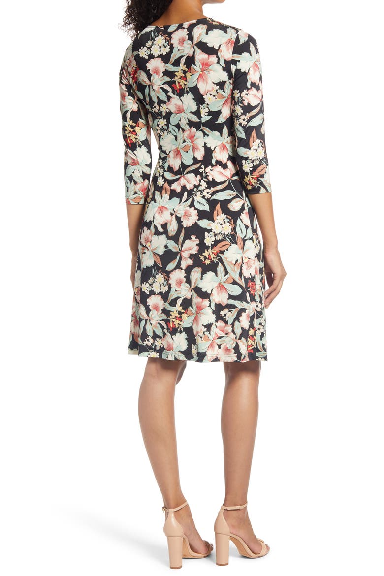 Floral Twist Front Fit & Flare Jersey Dress, Alternate, color, BLACK