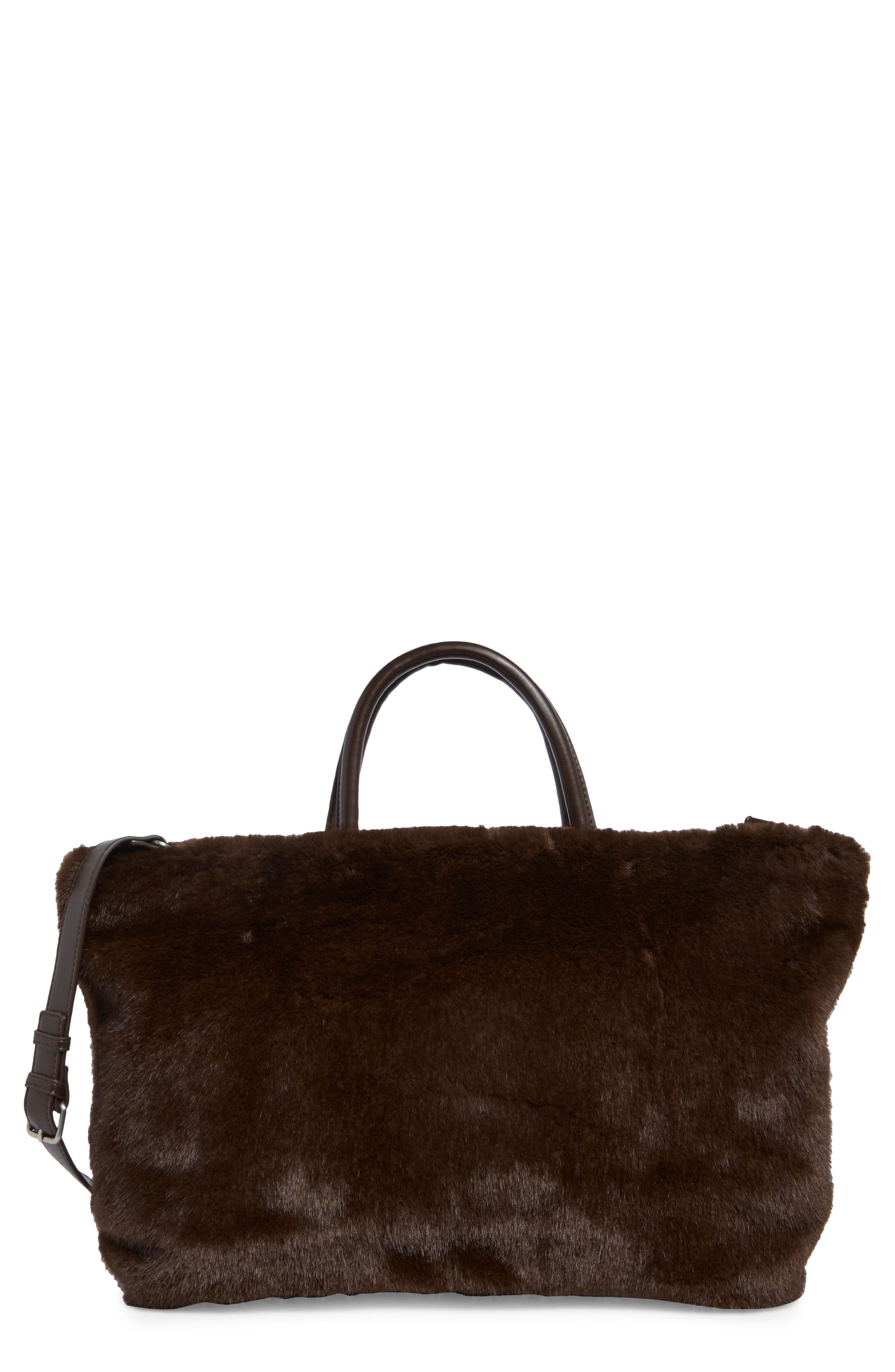 Faux Fur Tote Bag with Pouch, Main, color, CHOCOLATE