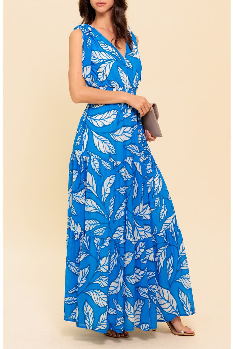 Leaf Print Tie Strap Tiered Maxi Dress, Alternate, color, BLUE/ IVORY