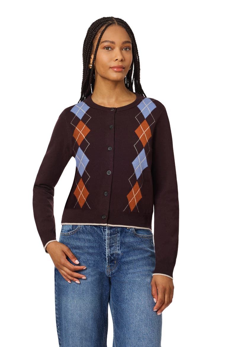 Argyle Crewneck Cardigan, Alternate, color, SEAL BROWN STONE CARAMEL