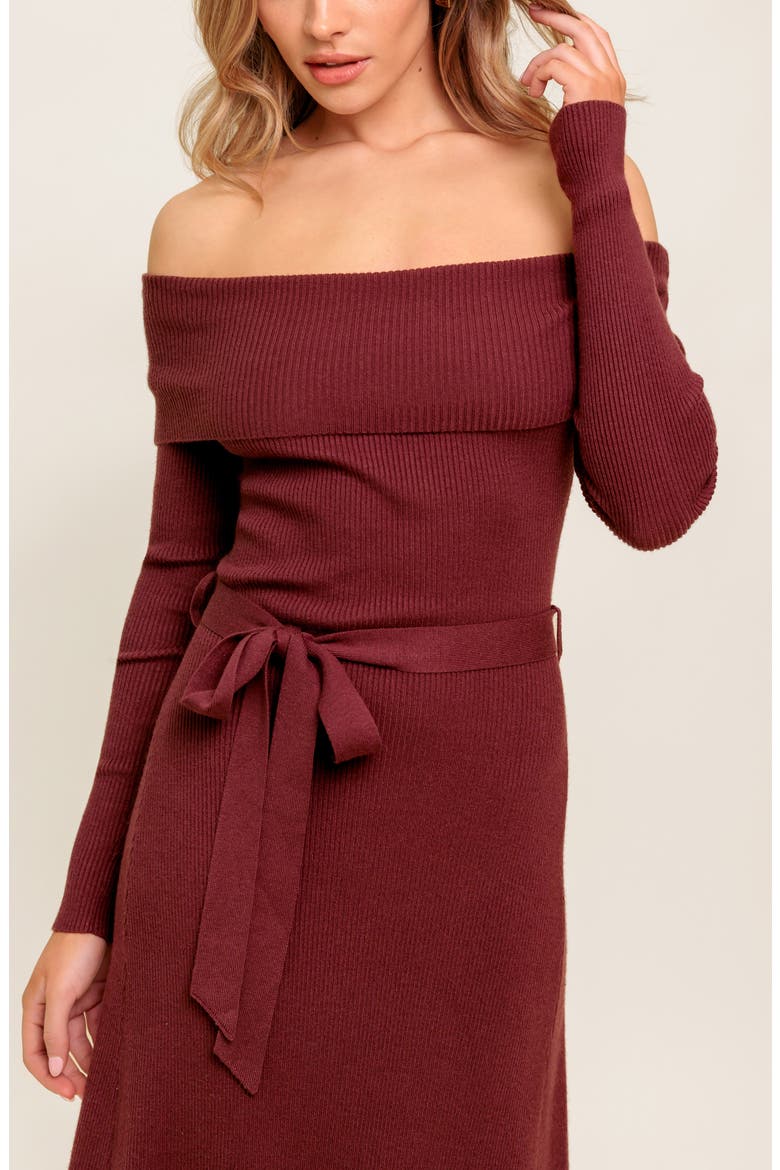 Off the Shoulder Long Sleeve Sweater Dress, Alternate, color, BROWN