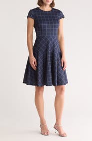 Eliza J Windowpane Print Cap Sleeve Fit & Flare Dress