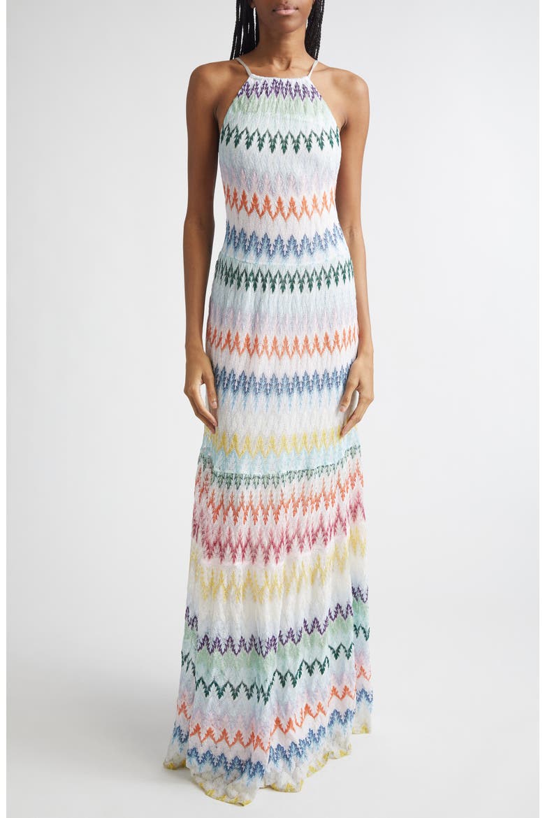 Metallic Zigzag Raschel Knit Maxi Dress, Main, color, MULTICOLOR ON WHITE BASE
