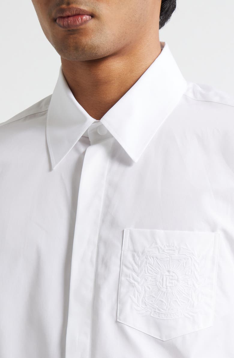 Balmain Embroidered Emblem Cotton Poplin Button-Up Shirt, Alternate, color, 0Fb Optical White