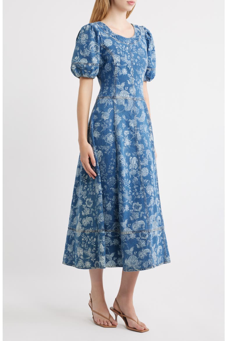 Charlie Floral Printed Denim Midi Dress, Alternate, color, BOIS LASER PRINT DARK WASH