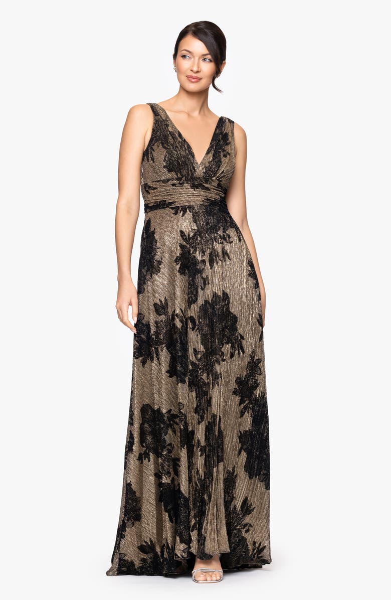 Betsy & Adam Flock Floral Metallic Crinkle Gown, Alternate, color, Black/ Gold
