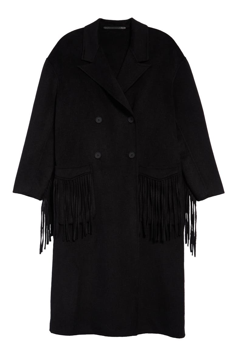 Freya Fringe Double Breasted Wool Blend Coat, Main, color, BLACK