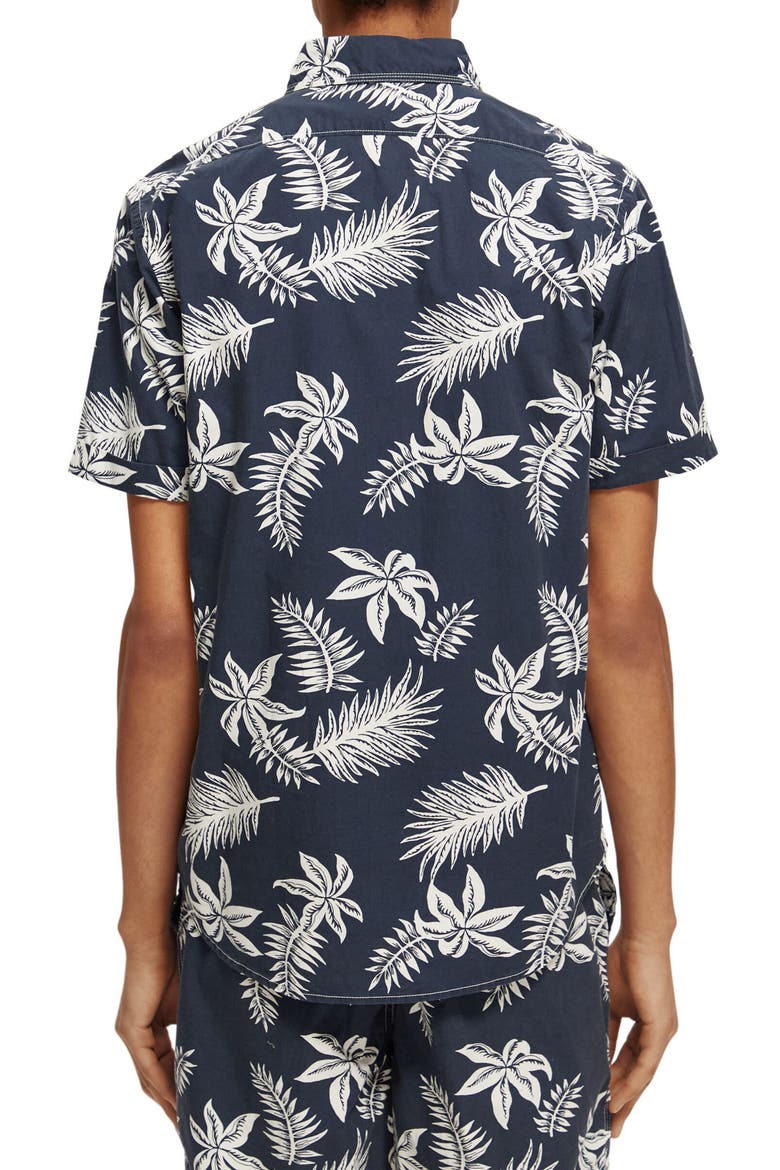 Trim Fit Floral Print Short Sleeve Button-Up Shirt, Alternate, color, 5818-NAVY LEAF