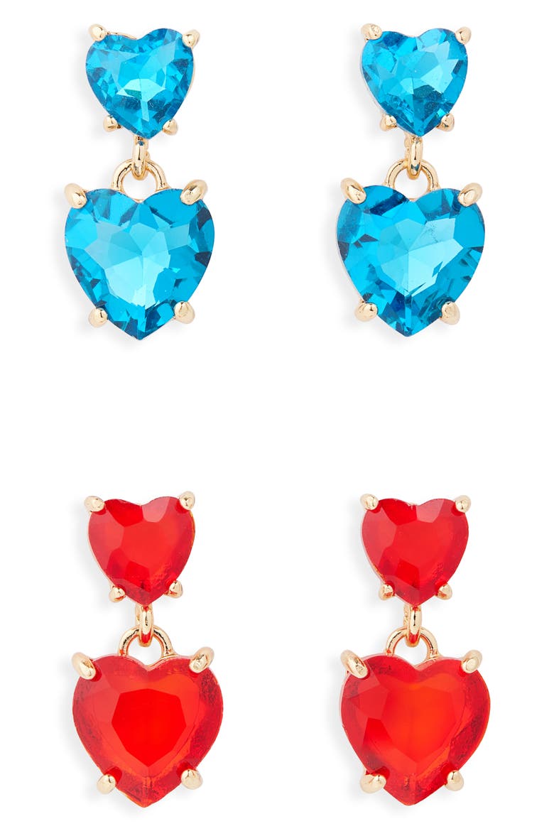 Set of 2 Double Heart Drop Earrings, Main, color, RED/ AQUA