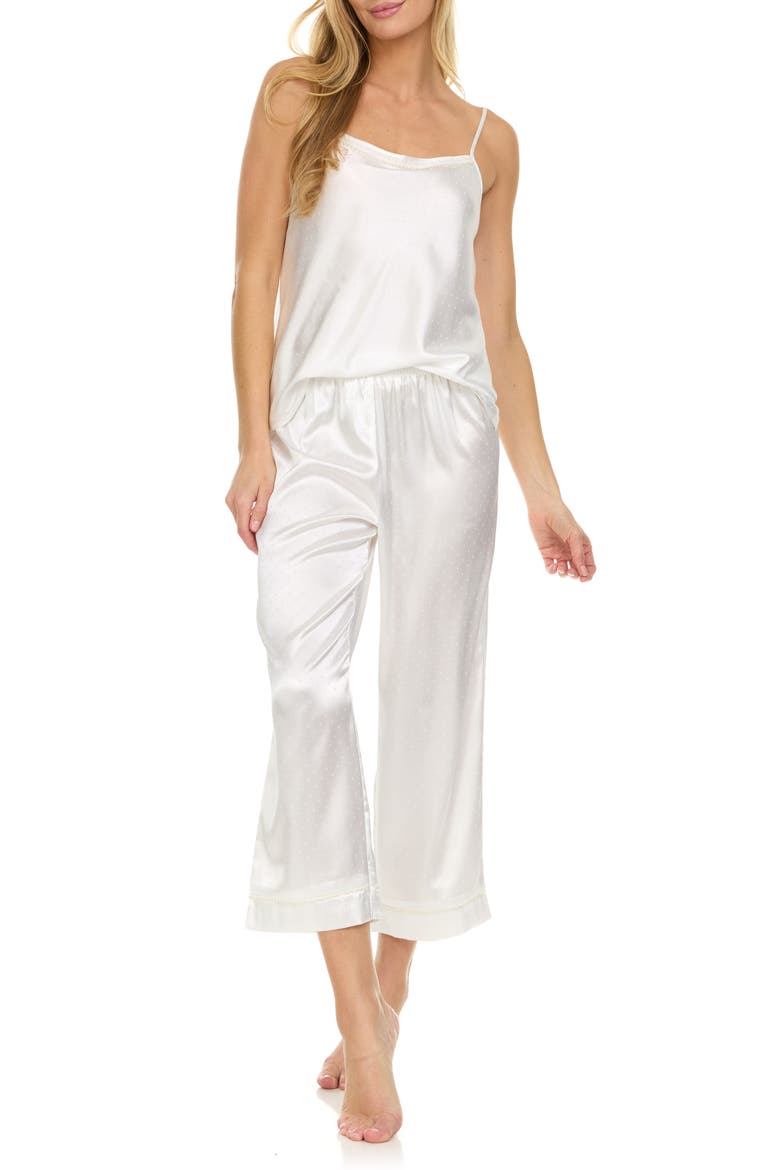 Jamie Pin Dot Satin Capri Pajamas with Faux Pearl Trim, Main, color, IVORY
