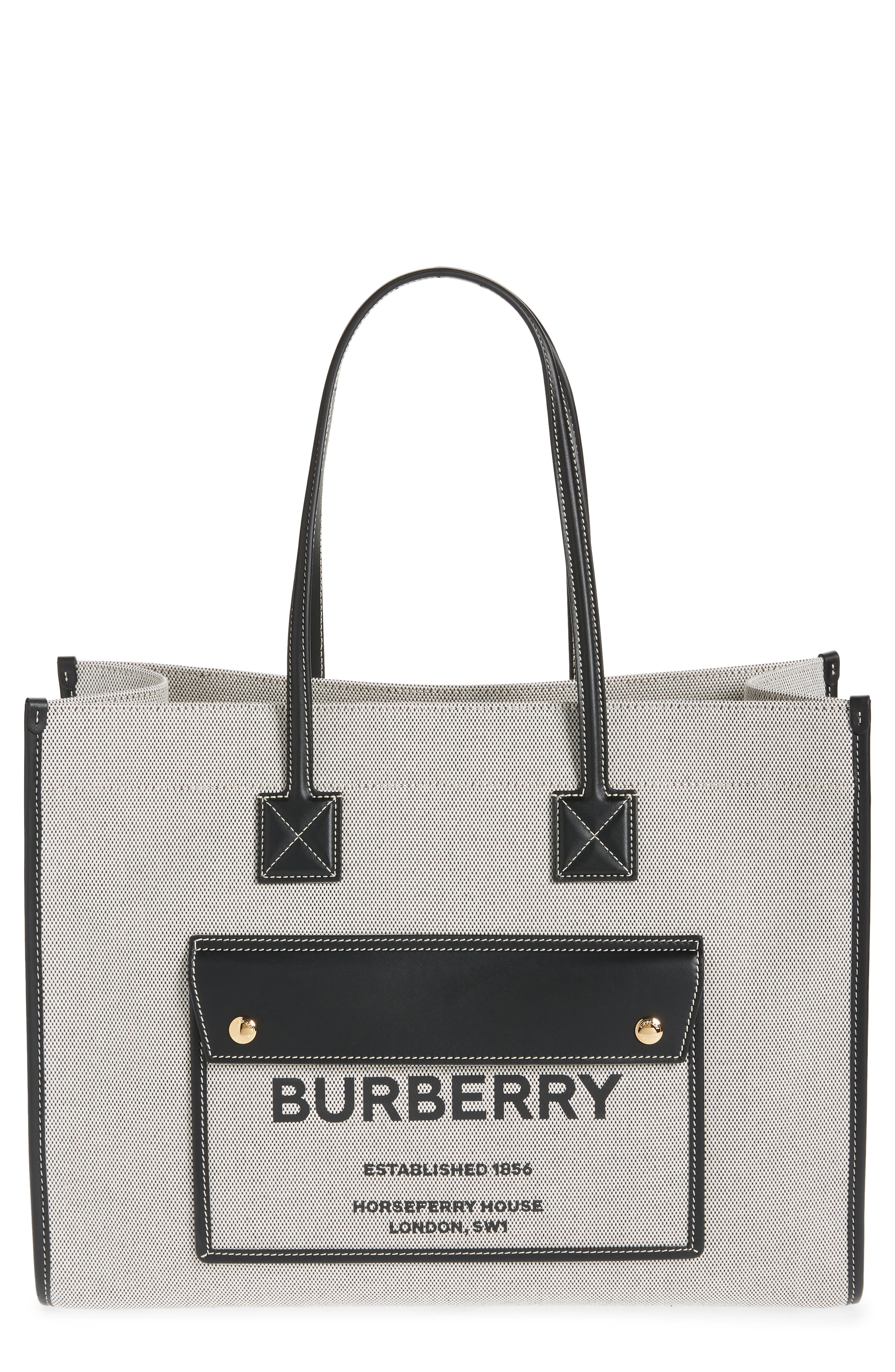 Burberry Medium Freya Horseferry Logo Canvas & Leather Tote, Main, color, 