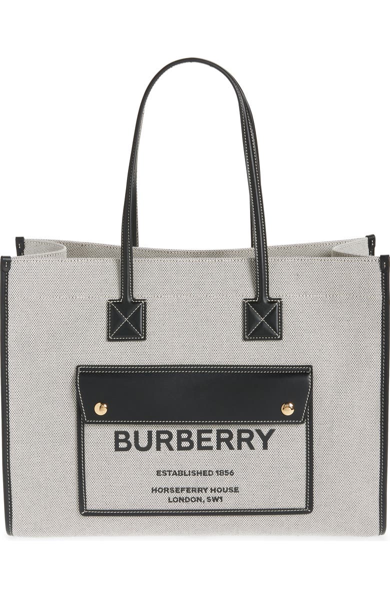Burberry Medium Freya Horseferry Logo Canvas & Leather Tote, Main, color,