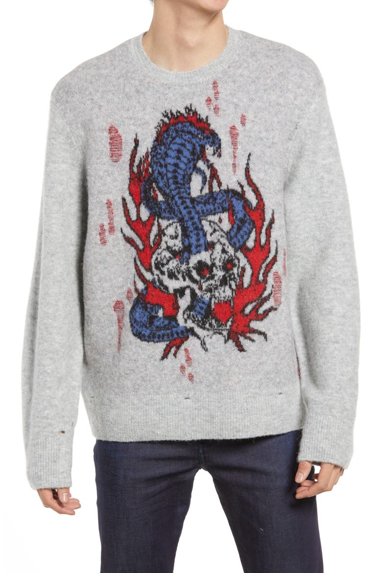 Men's Viper Saints Distressed Intarsia Sweater, Main, color, LIGHT GREY MARL