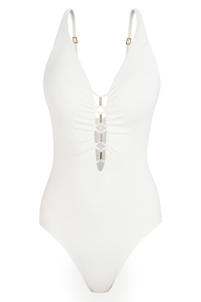 Island Goddess Beaded Lace-Up Plunge One-Piece Swimsuit, Alternate, color, IVORY
