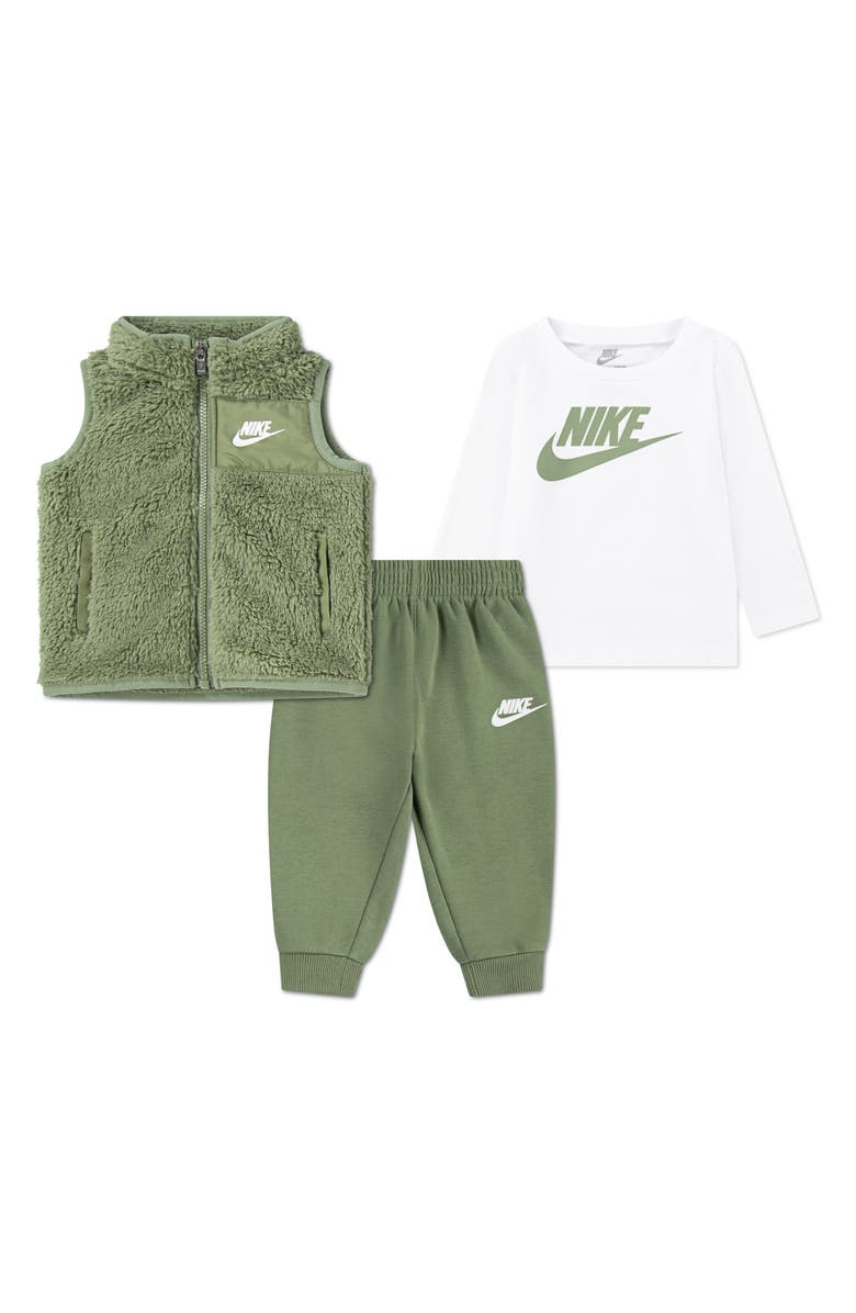 Nike Club Long Sleeve T-Shirt, Fleece Vest & Joggers Set, Main, color, Oil Green
