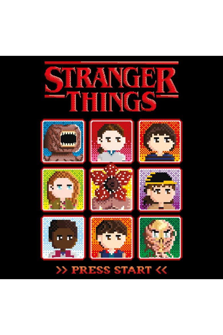 Netflix Men's Stranger Things Character Box 8 Bits Players T Shirt, Alternate, color, Black