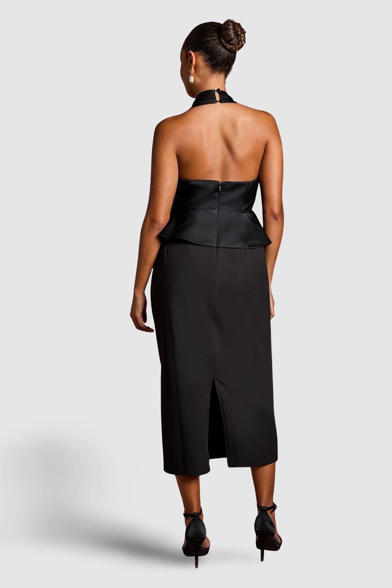 Petite Halter Satin Column Midi Dress, Alternate, color, Black