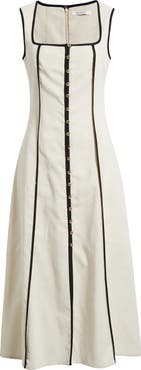 ZOE AND CLAIRE Contrast Piping Square Neck Button-Up Midi Dress