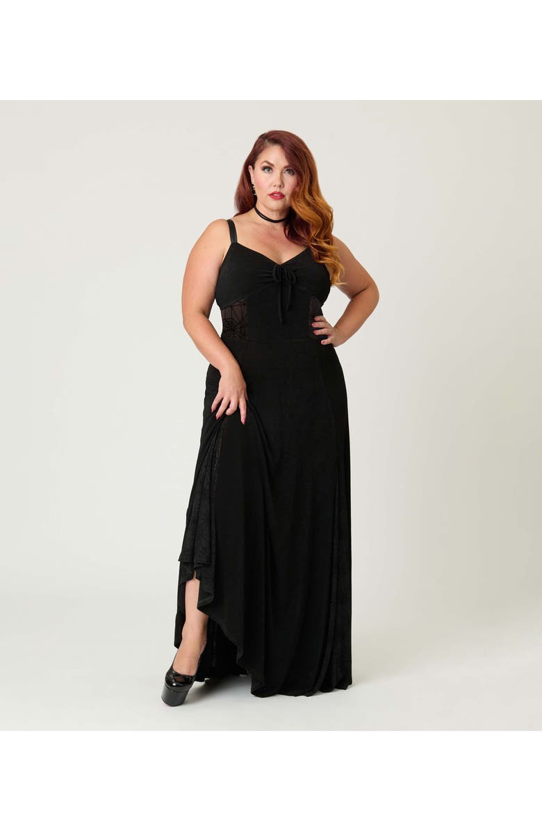 Unique Vintage Plus Size Sheer Spiderweb Godet Maxi Dress, Main, color, Black