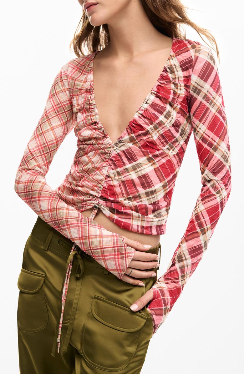 Desigual Ruched Front Long Sleeve Shirt, Alternate, color, Red