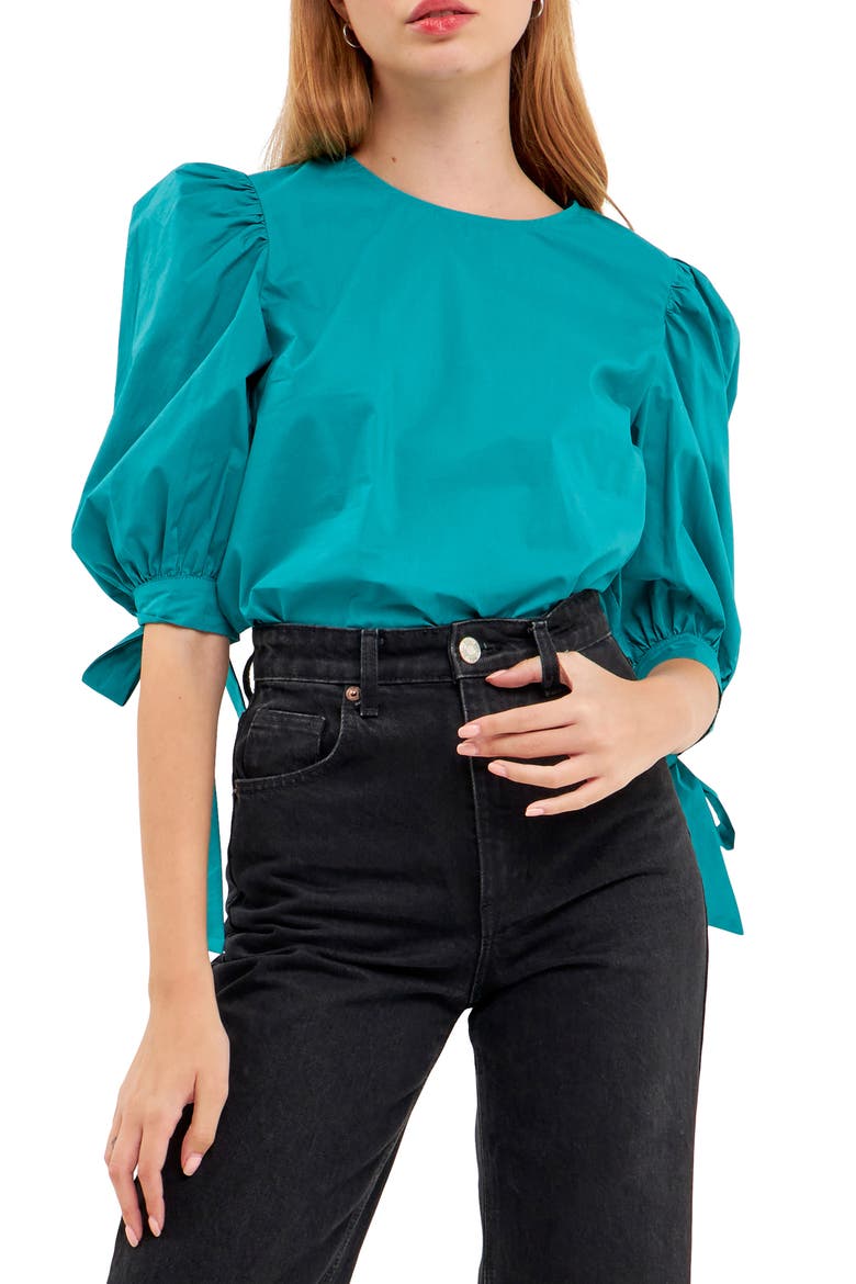 Bow Banded Puff Sleeve Blouse, Main, color, TEAL