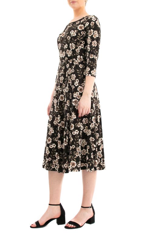 Nina Leonard Boat Neck Midi Dress In Brown/white