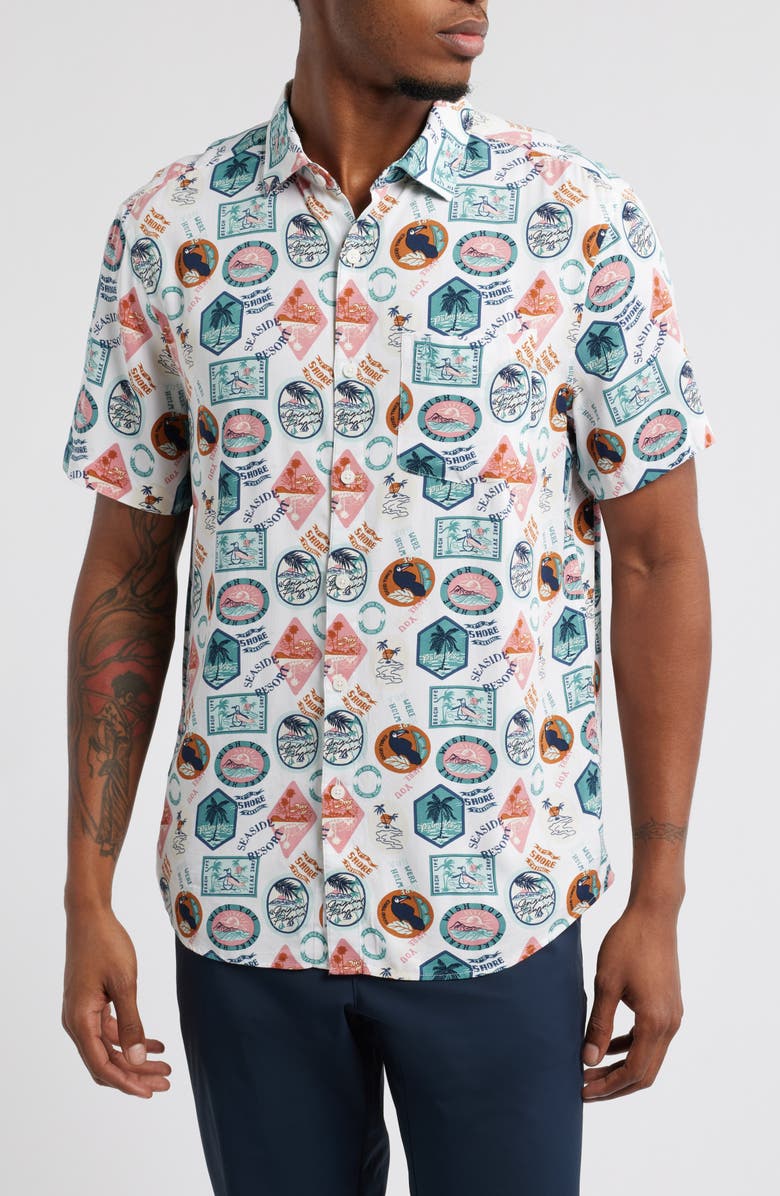 Original Penguin Vacation Print Short Sleeve Button-Up Shirt, Main, color,