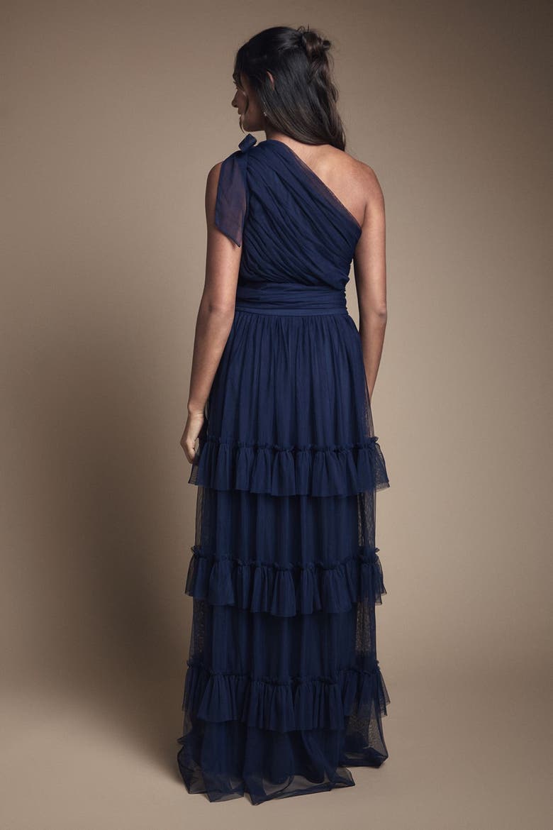 Pleated One Shoulder Tiered Maxi Dress, Alternate, color, Navy