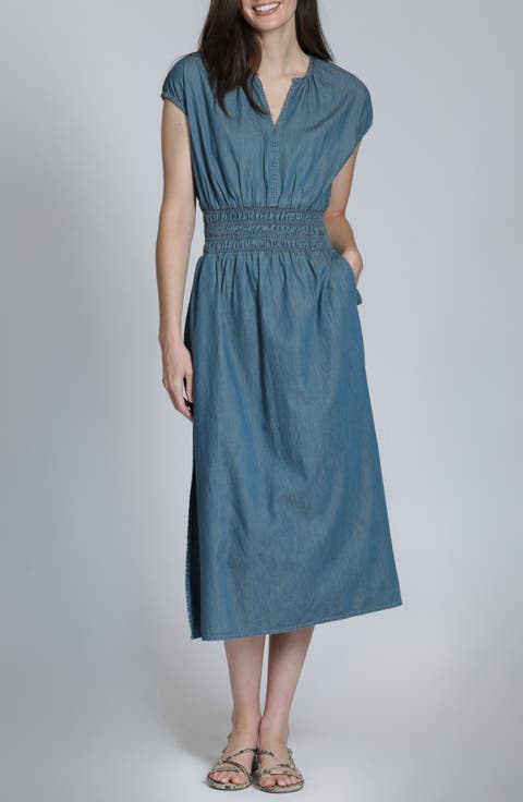 Smocked Waist Denim Midi Dress