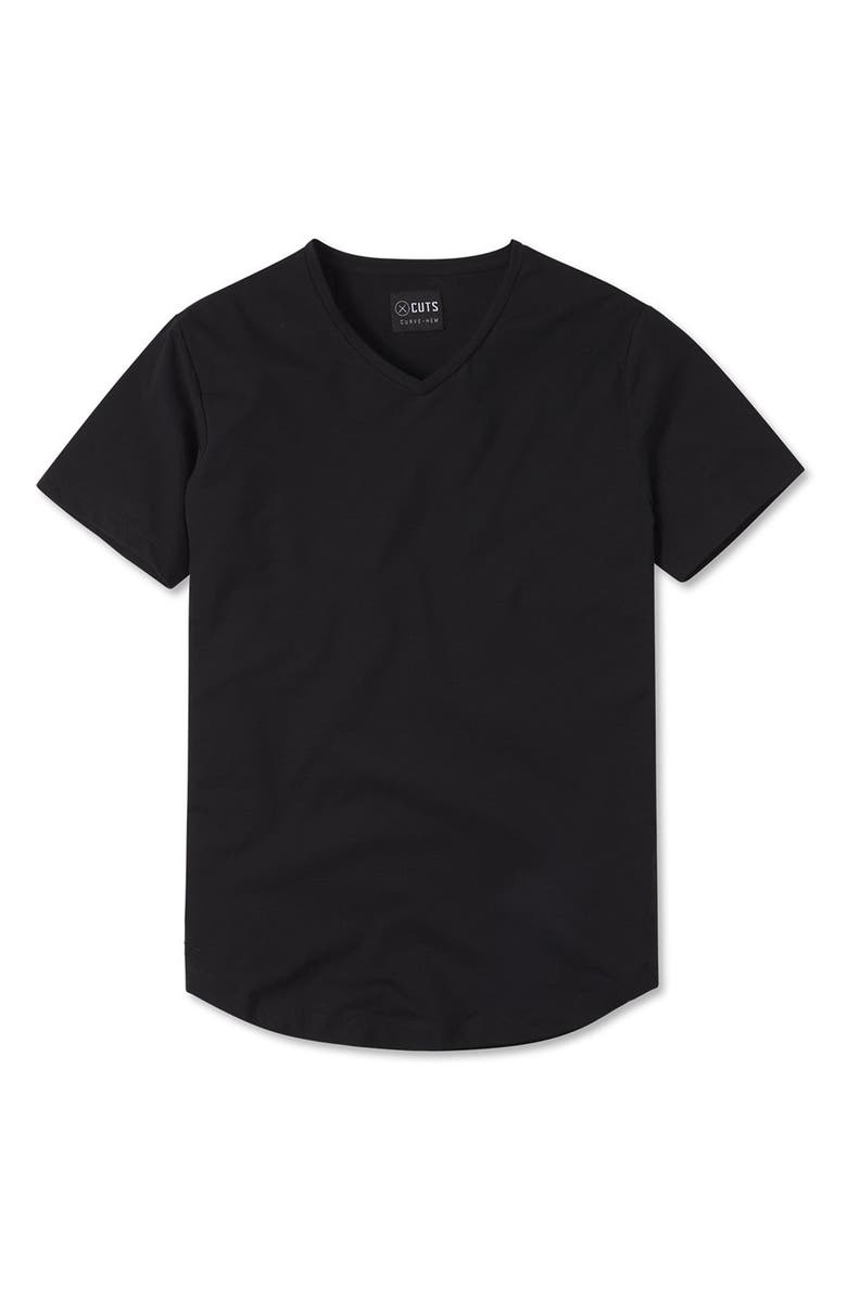 Cuts AO V-Neck Curved Hem Tee, Alternate, color, Black