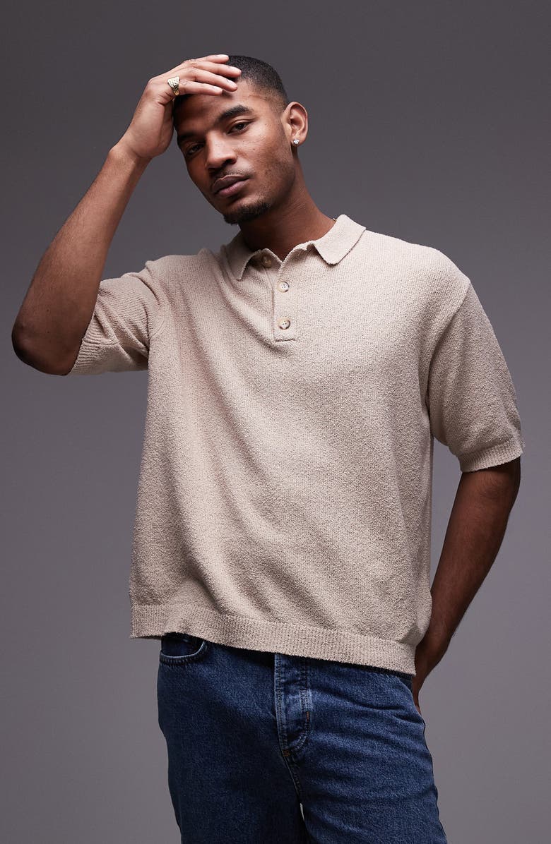 Topman Cotton Blend Bouclé Polo Sweater, Main, color,