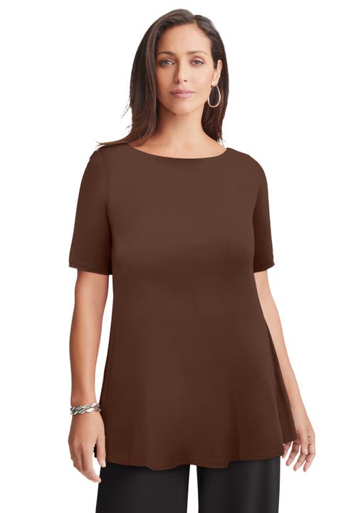 Jessica London Stretch Knit Boatneck Swing Tunic In Brown