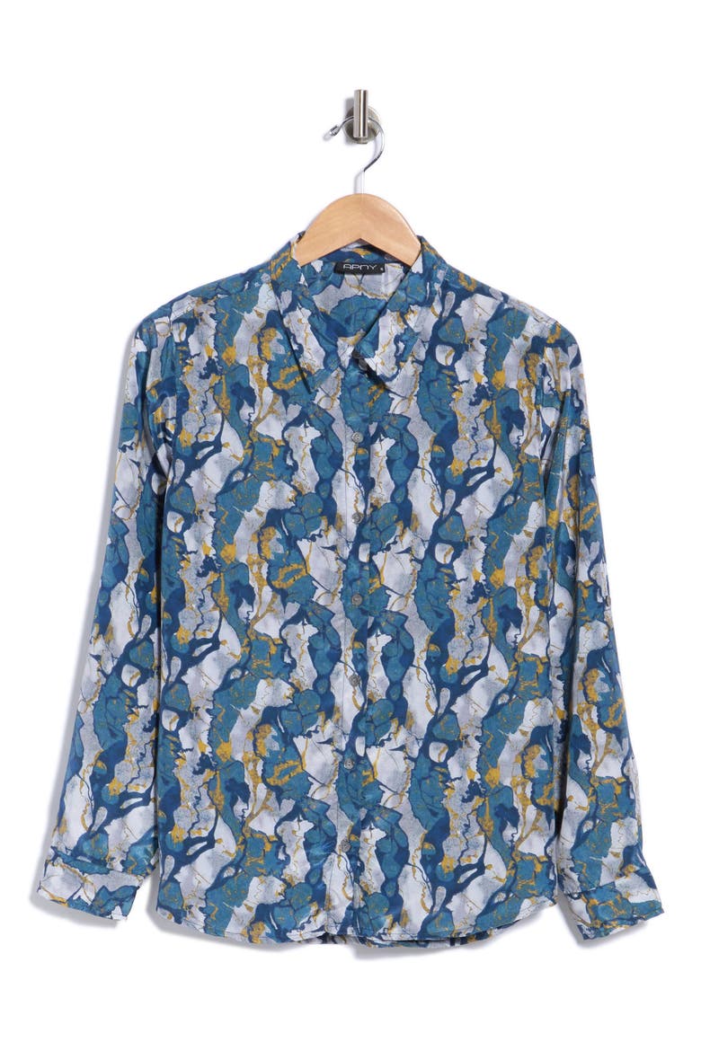 Patterned Roll Tab Sleeve Button-Up Shirt, Alternate, color, BLUE MULTI