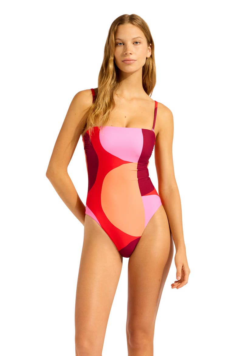 Bandeau High Leg One-Piece Swimsuit, Alternate, color, FLAME