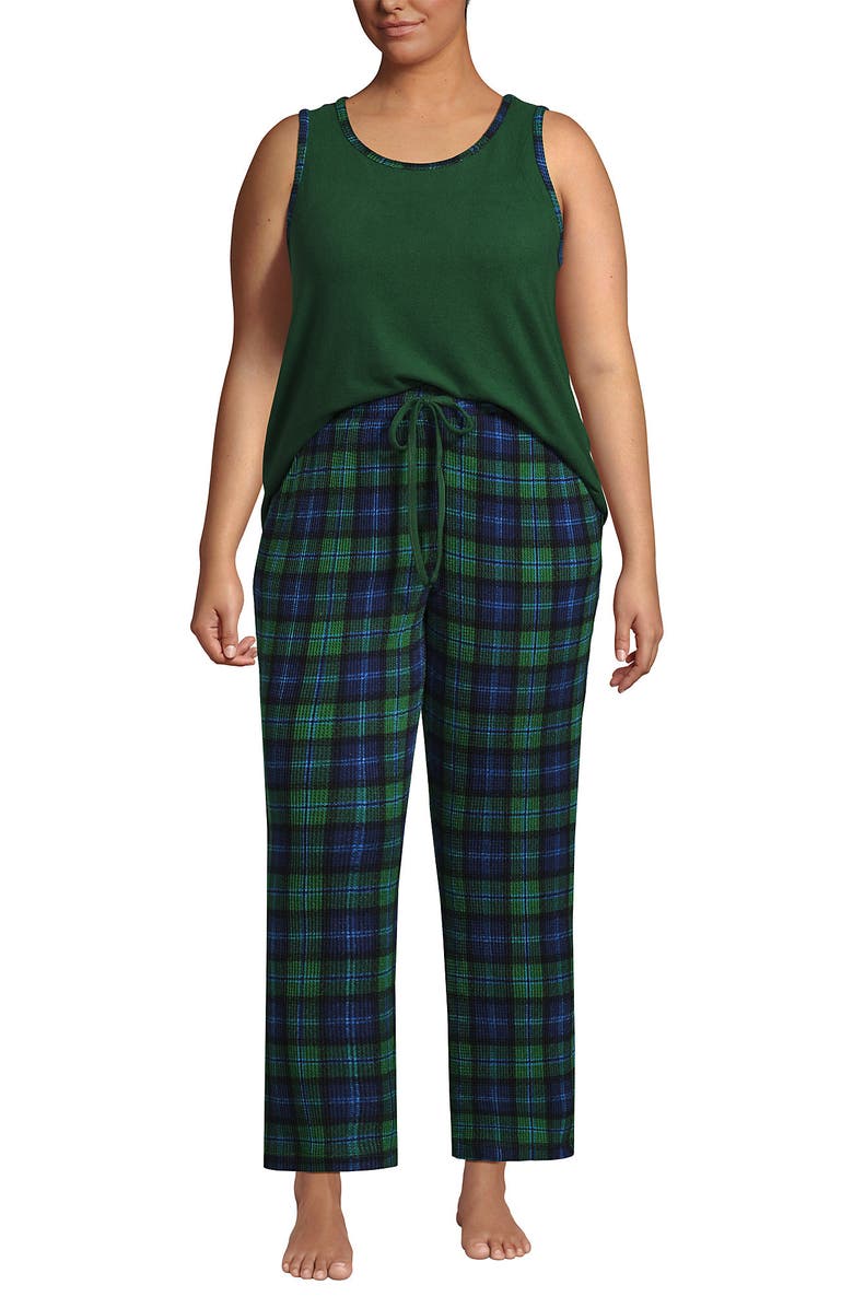 Lands' End Plus Size Brushed Cozy Waffle Jersey 3 Piece Pajama Set - Tank Top Pant and Robe, Main, color, Light Emerald Blackwatch